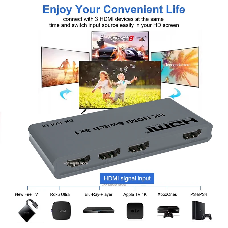 3-портовый автоматический переключатель HDMI 3 в 1, 8K при 60 Гц, 4K при 144 Гц, автоматический переключатель HDMI 3x1 с дистанционным управлением HDR для ПК, ТВ-монитора XBox