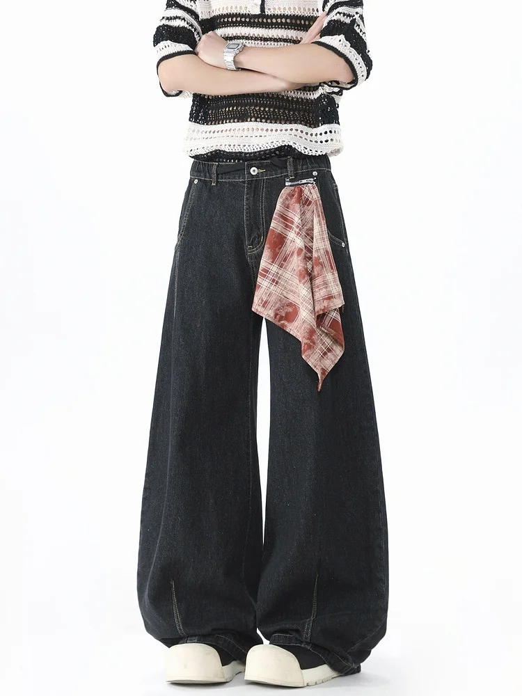 

Cleanfit Men's Vintage American Plaid Scarf Blade Jeans Loose Wide Leg Straight Cut Trousers Casual Youth Faion Spring