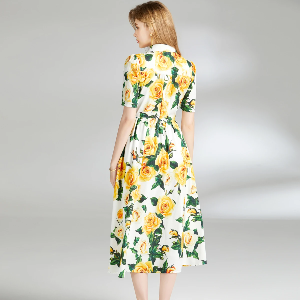 Summer Runway Shirt Dress Women\'s Lapel Yellow Rose Printed Single Breasted Lace Up Belt Short Sleeve Midi Long Vestidos 6838