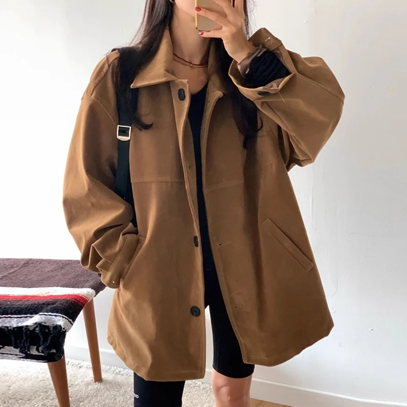 Solid Lapel Neck Women 2024 Outerwears Faux Suede Jacket Full Sleeve Chaquetas Mujer Loose All-match Jackets Autumn Coats