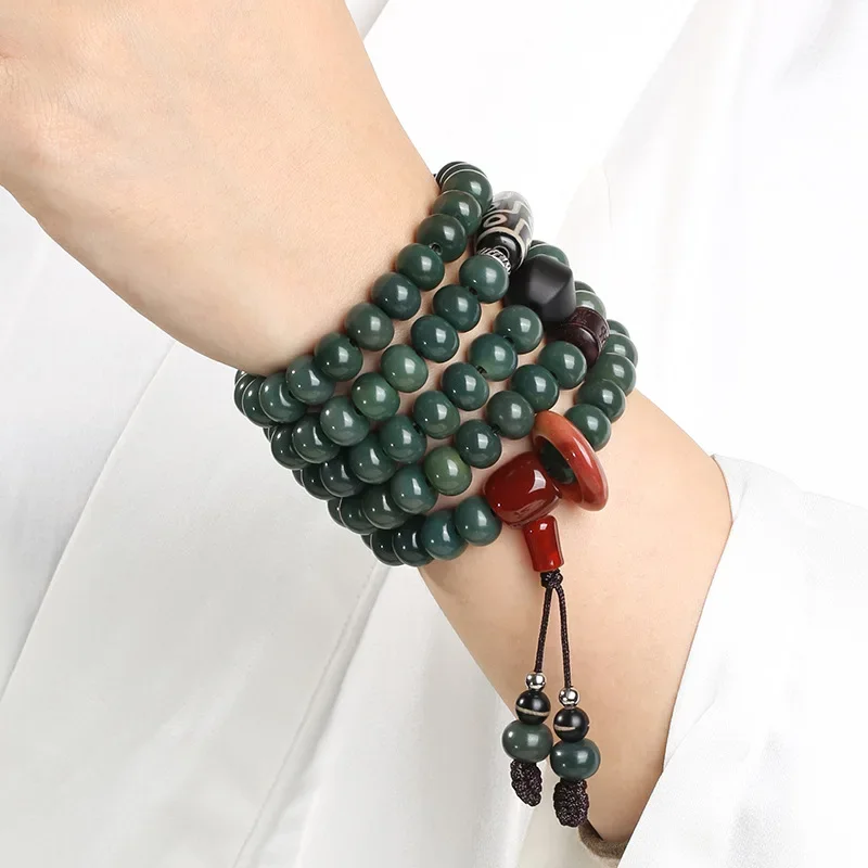 Natural Green Bodhi Root Bracelet Multiple Loops High Throw 108 Men Women's Cultural Buddhist Beads to Enhance Energy Necklace