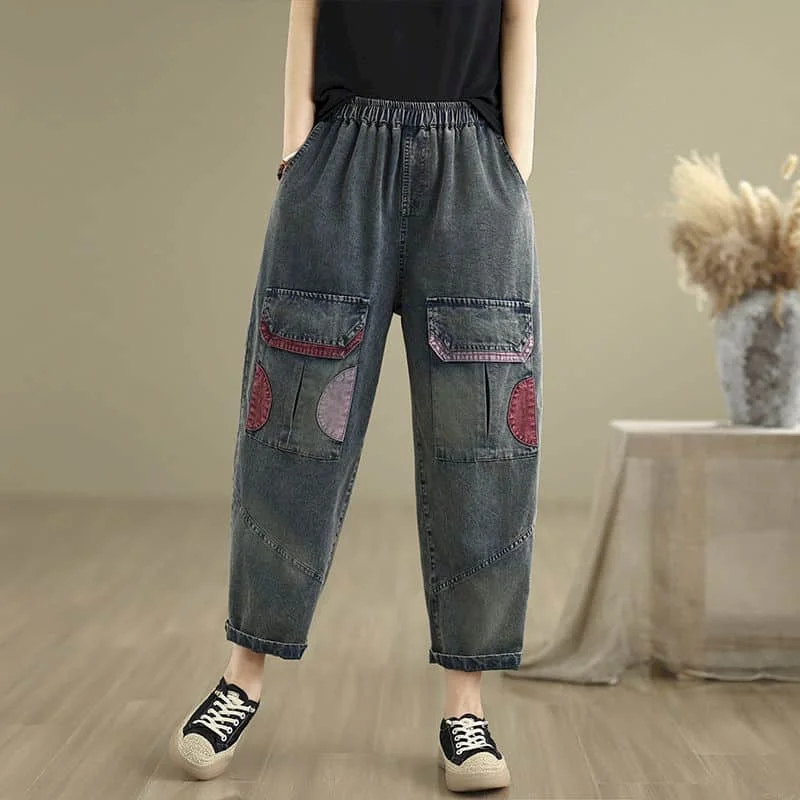 クロップドジーンズ女性カジュアルルーズコントラストカラーパッチワークデニムハーレムパンツヴィンテージ弾性ウエストストリート女性服