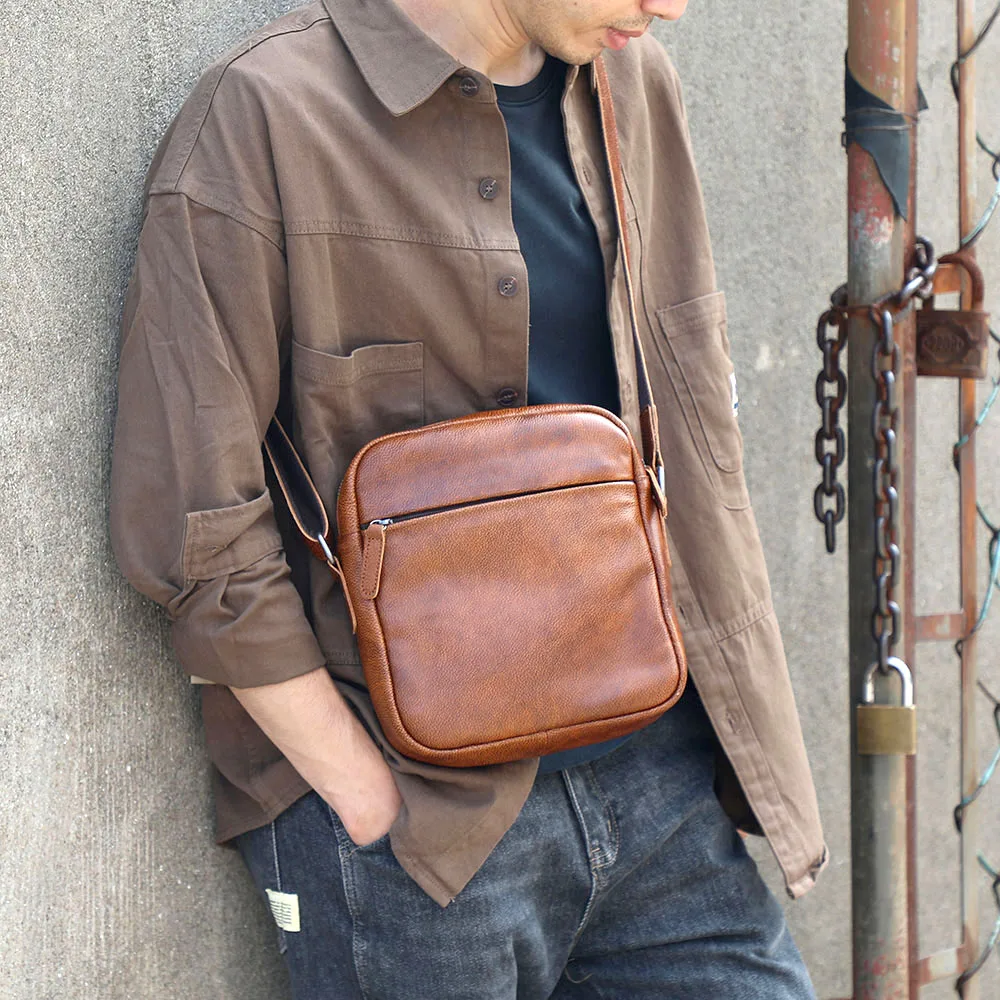 Vintage Echtleder Herren-Umhängetaschen Handgefertigte Crossbody-Messenger-Taschen für Männer Handy & Schlüssel – Detail 5