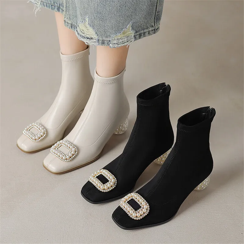 New Autumn Winter Women Boot Pu Leather Short Boots Fashion Pearl Square Toe Elastic Boots for Women High Heels Ladies Shoes