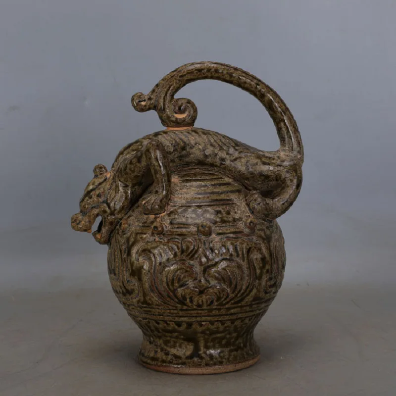 Chinese Song Yue kiln blue glazed carved dragon patterned pot antique porcelain collection ornament FOLK ART work