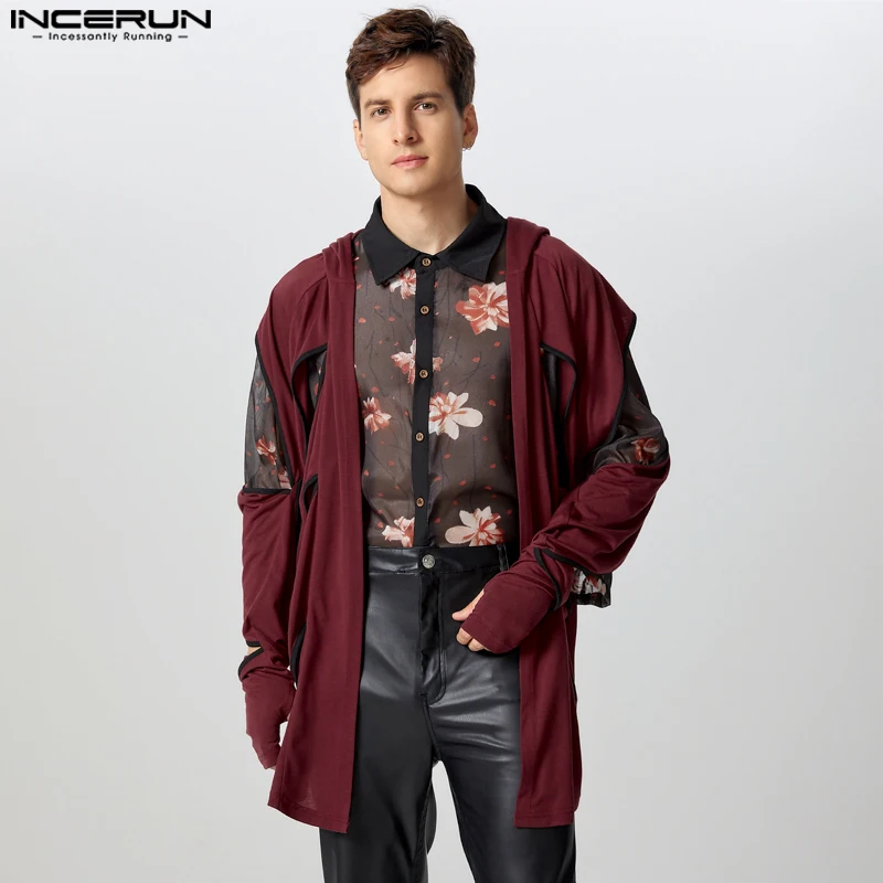 INCERUN Tops American Style Fashion Men's Deconstruction Hollowed Cardigan Kimonos Casual Solid Half Thimble Long Sleeved Trench