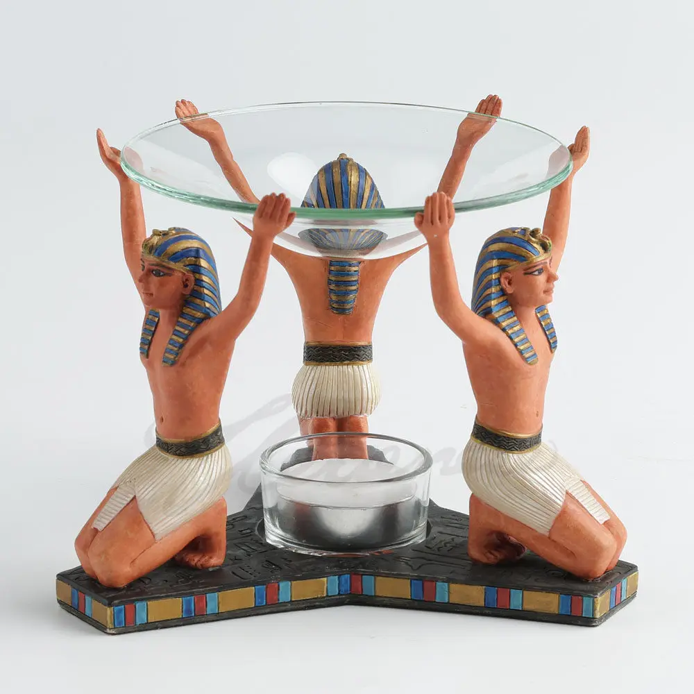 Ancient Egyptian Pharaoh Resin Aroma Burner Three Kneeling Pharaoh Statues Glass Oil Warmer Fragrance Candle Holder Home Decor