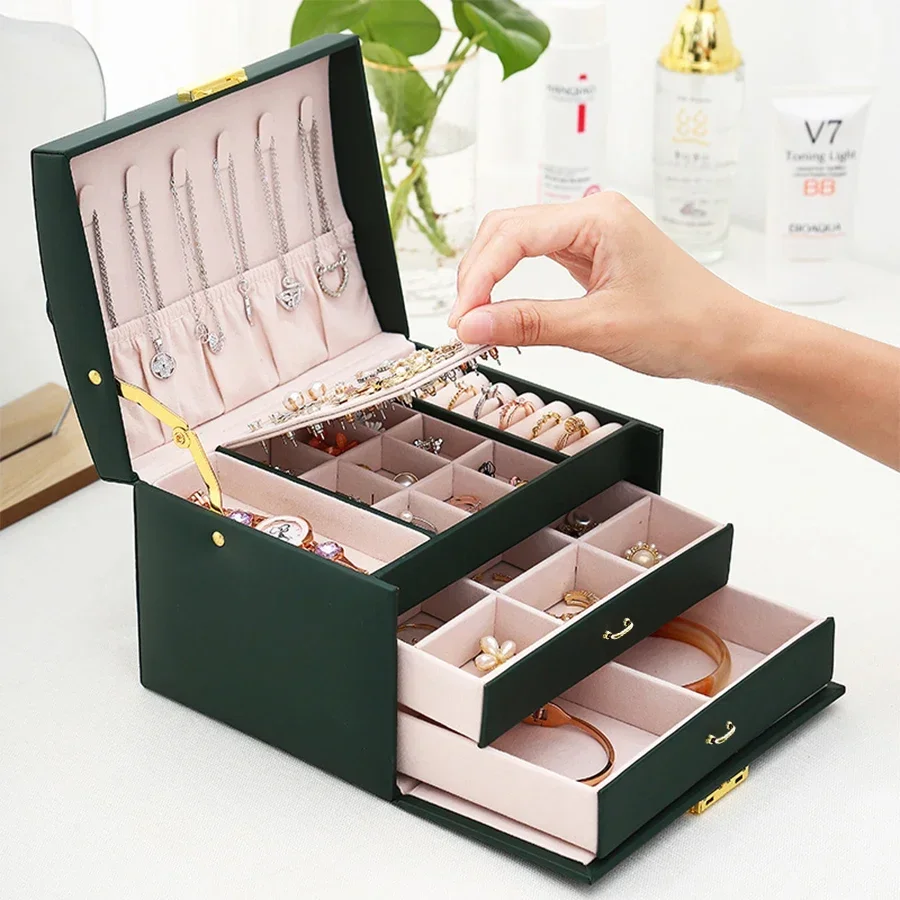 

Three-Layer Lockable Jewelry Box with PU Leather, Large Capacity Desktop Organizer for Earrings, Bracelets, Rings & Necklaces