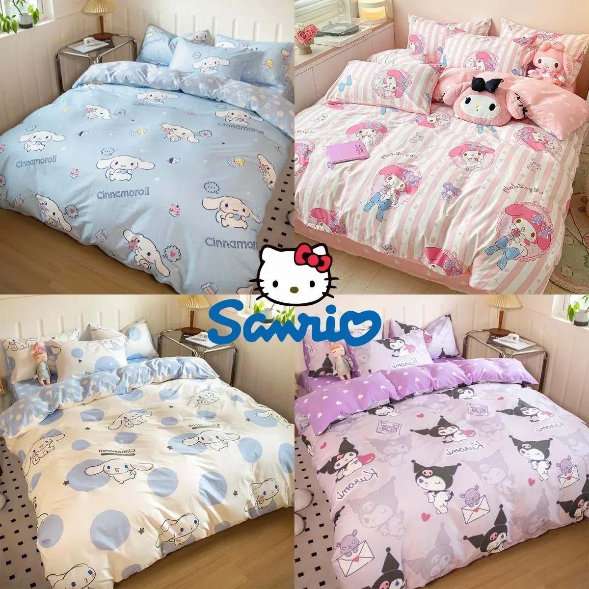 100%Cotton Sanrio Quilt Cover Kuromi Cinnamoroll Hello Kitty My Melody Duvet Cover Bed Sheet Pillowcase Dec Bedding Home Textile