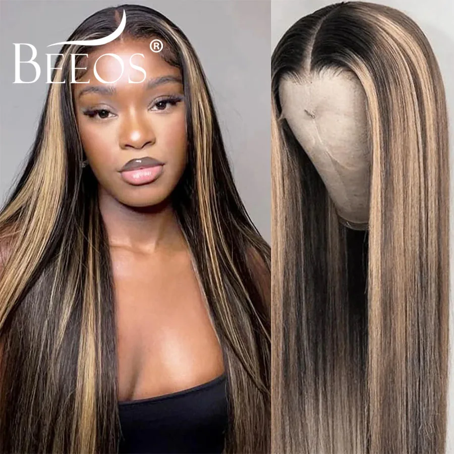 Oreo Highlight # Wig Rambut Asli 1b/27 13x6 HD Transparent Lace Frontal, Warna Bone Straight, Sudah Pre Plucked dan Bleached Knots, Untuk Wanita
