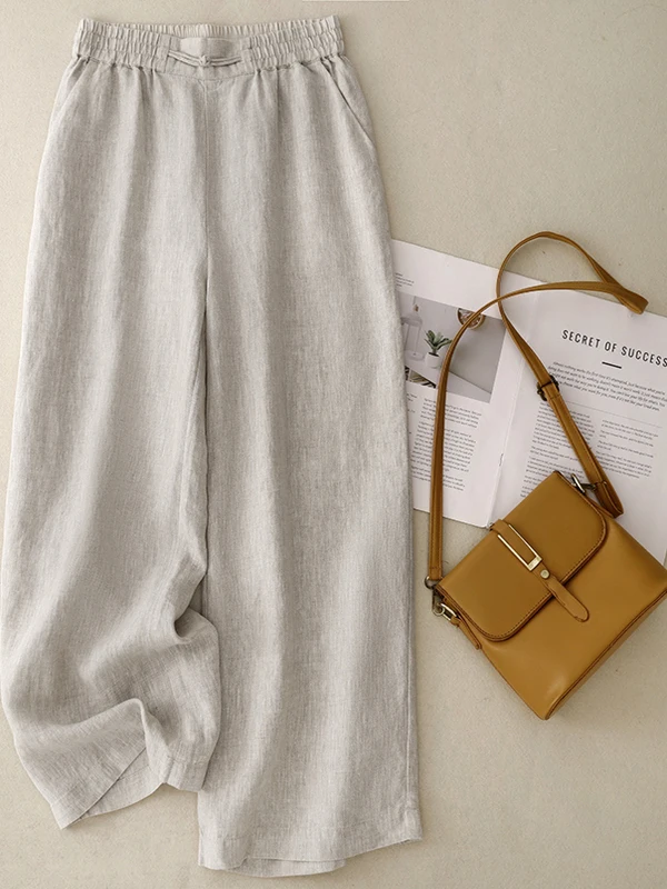 シンプルなピュアカラーコットンリネンワイドレッグパンツ女性の夏の新スタイル通勤カジュアルルーズドレープストレートレッグパンツ