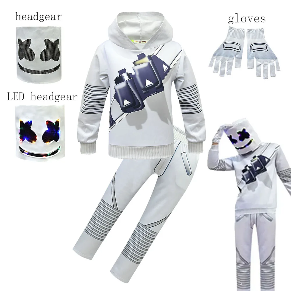 Nuevo disfraz de Marshmello DJ Cosplay sudaderas con capucha de manga larga pantalones guantes sombreros 4 Uds Navidad niños Halloween música fiesta regalo