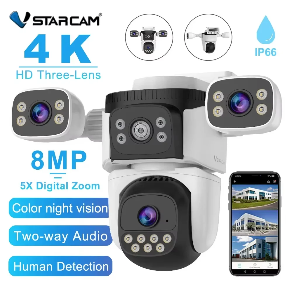 Câmera IP Vstarcam 4K com 3 Lentes, Zoom 5X, WiFi, Câmera PTZ para Uso Interno e Externo, Rastreamento Humano, Câmera de Vigilância à Prova d'Água IP66