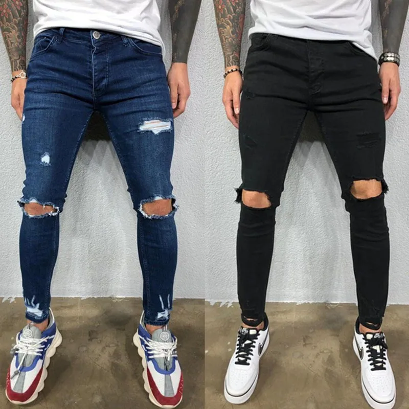 Men Casual Fashion ​Ripped Jeans New Arrivals Street Style Elastic Pure Color Man's Pencil Pants Hip Hop Male Blue Denim Pants