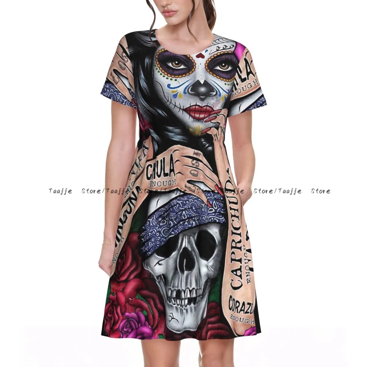 Sommerkleid für Damen, Tag der Toten, Zucker-Schädel, lässig, Strandurlaub, kurzärmelig, runder Kragen, Damen-Midikleid