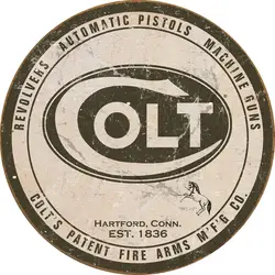 Desperate Enterprises Colt Revolver - Round Logo Aluminum Sign with Embossed Edge - Nostalgic Vintage Metal Wall Decor - Made in