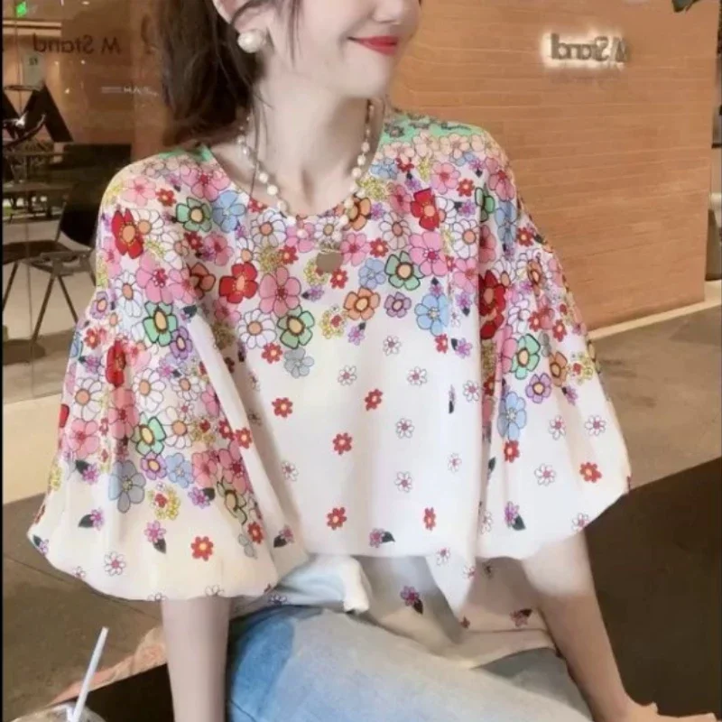 2024 New Summer Commuting Young Style Sweet and Fashionable Chiffon Lantern Sleep Loose Round Neck Printed Women\'s T-shirt Top