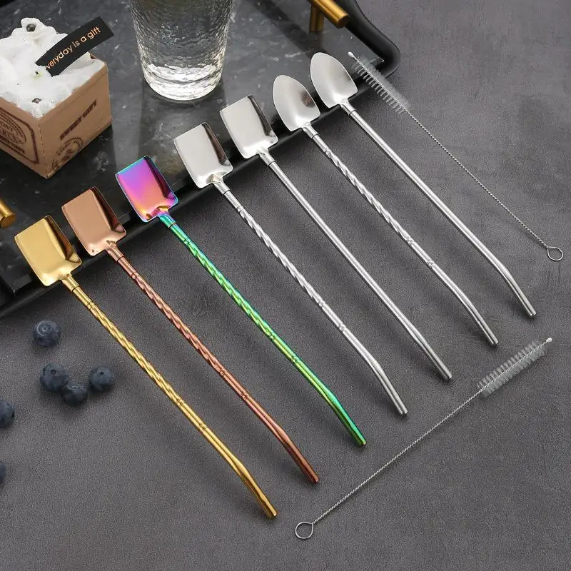Stainless Steel Mix Drinking Spoon Straws, Creative Ice Cream Kitchen Utensil Barware, Shovel Spoon Shaped Straws
