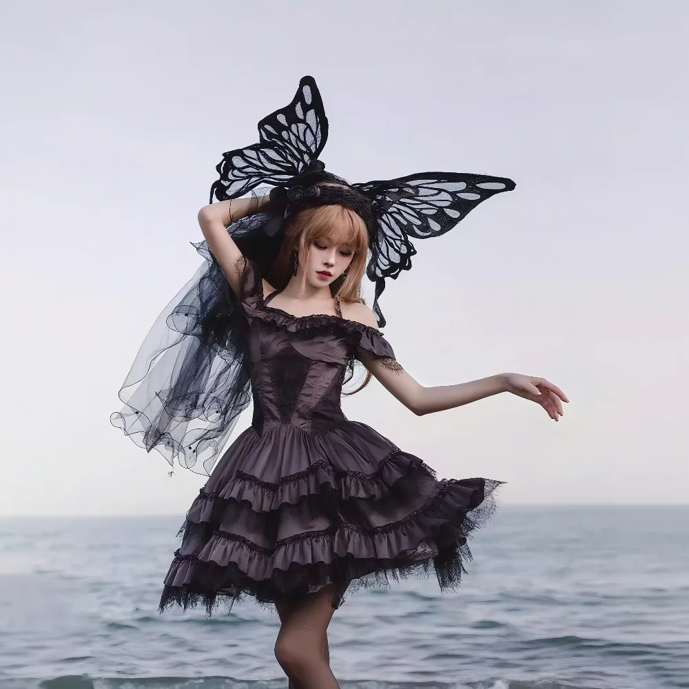 أسود لوليتا أجنحة الجنية الفراشة زي مع عودة تول تراكب للنساء الفتيات هدايا عيد الميلاد عيد الهالوين التصوير الدعامة