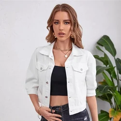 Spring Autumn Short Jean Jackets for Women Fashion Casual Denim Jacket Yellow White Long Sleeve Button Down Chest Pocket Coat