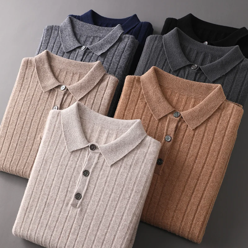 

Men Autumn Winter Thick 100% Merino Wool Sweater Polo Collar Pit Strip Pullover Smart Casual Cashmere Knitwear Soft Warm Top