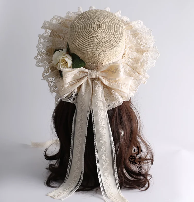 

Шляпа Лолиты, женская кружевная шляпа с бантом в пасторальном стиле, винтажная летняя шляпа для девочек