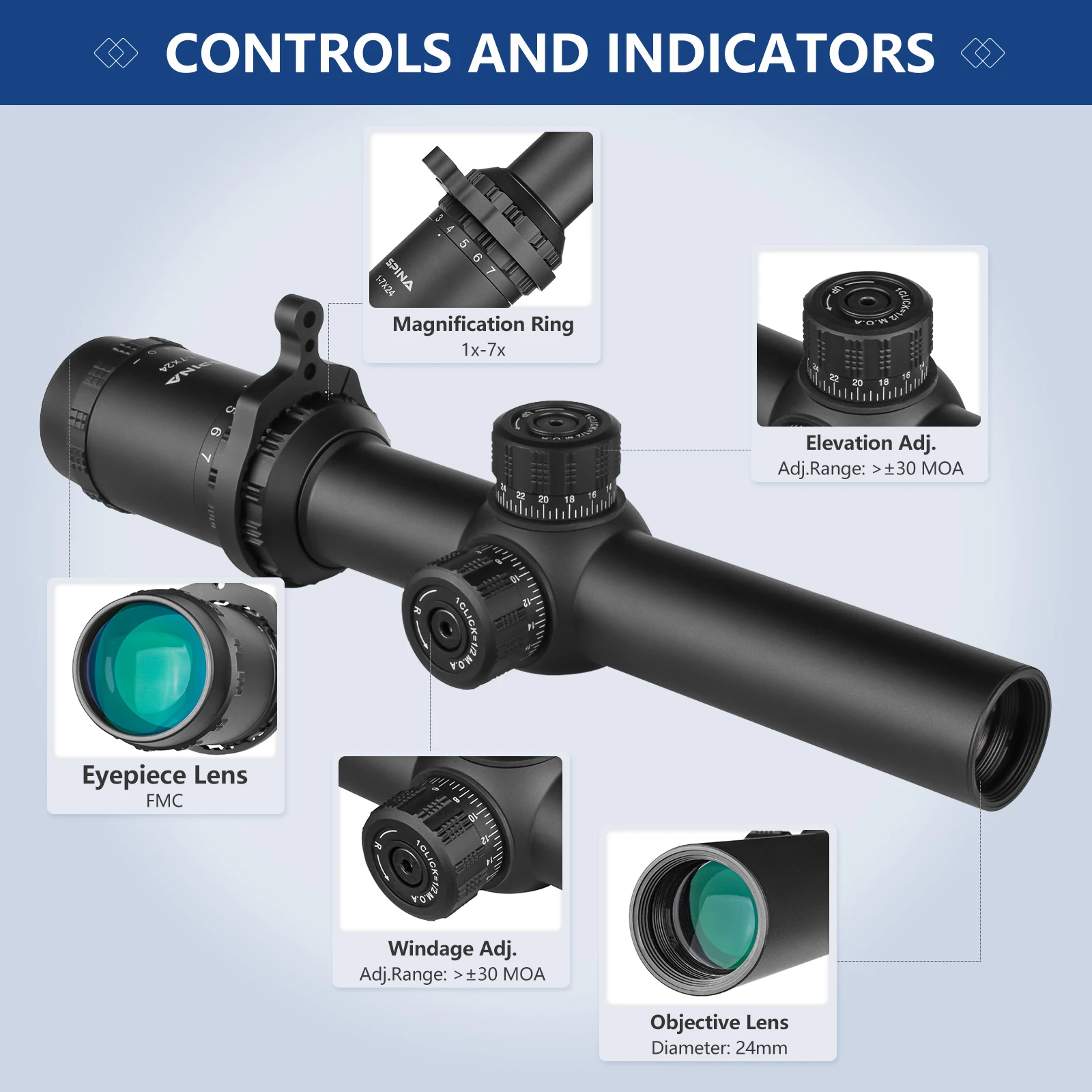 SPINA OPTICS HD LPVO 1-7x24 SFP 1/2 MOA Tactical Hunting Rifle Scope PCP Carbine AR15 CQB Riflescope 22LR.223 .308etc