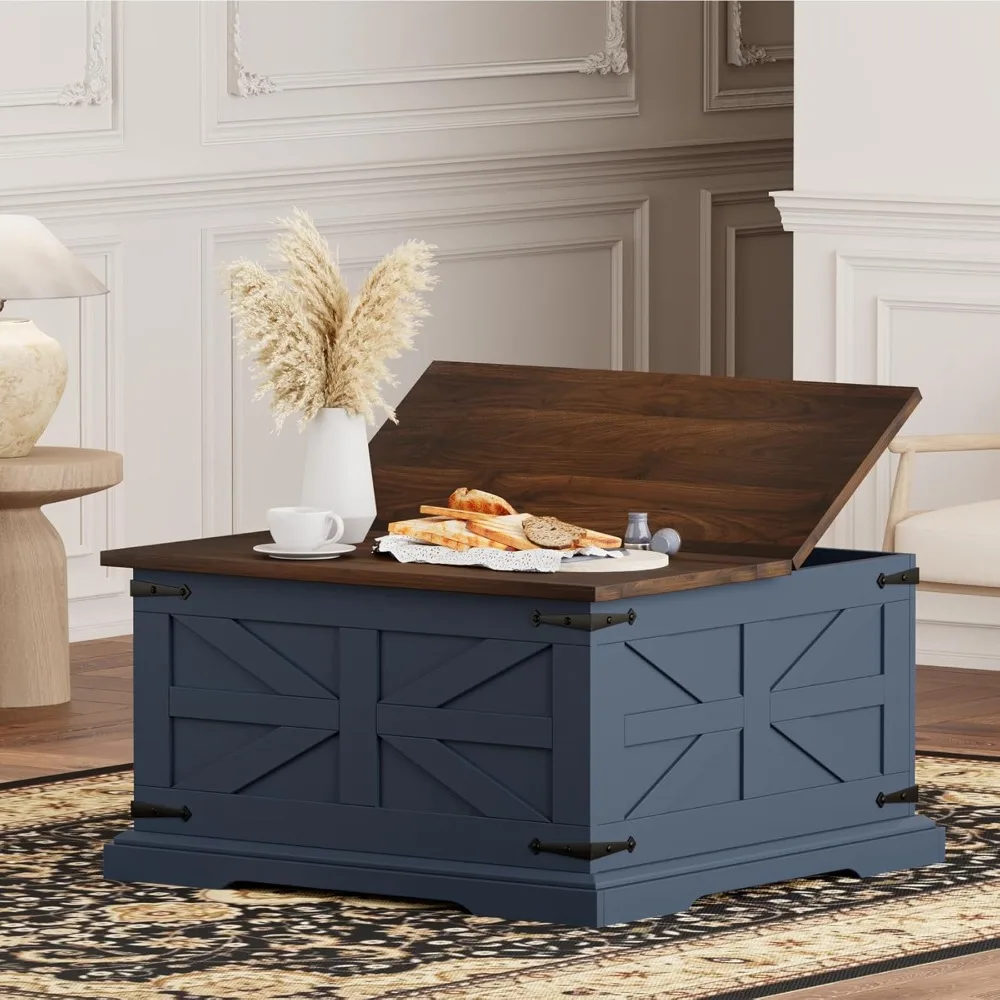

Blue Coffee Table with Storage, Farmhouse Square Center Table with Walnut Top for Living Room, Hinged Lift Soft Close, Large Hid