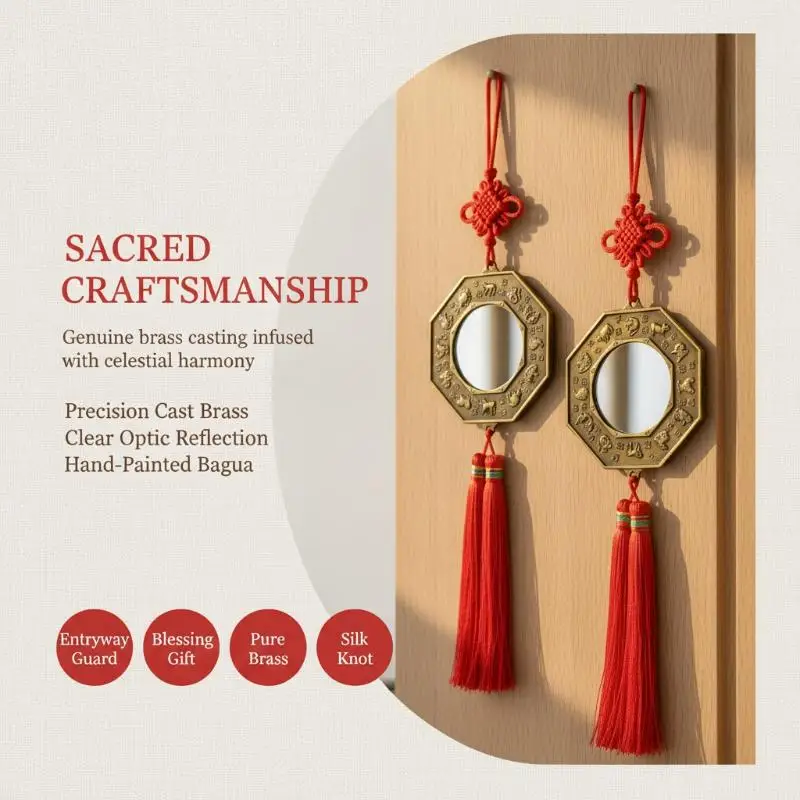 Feng Shui Lucky Bagua Mirror Chinese Yin Yang Pattern Red Tassel Zodiac Carvings Perfect Gift for New Home Owners