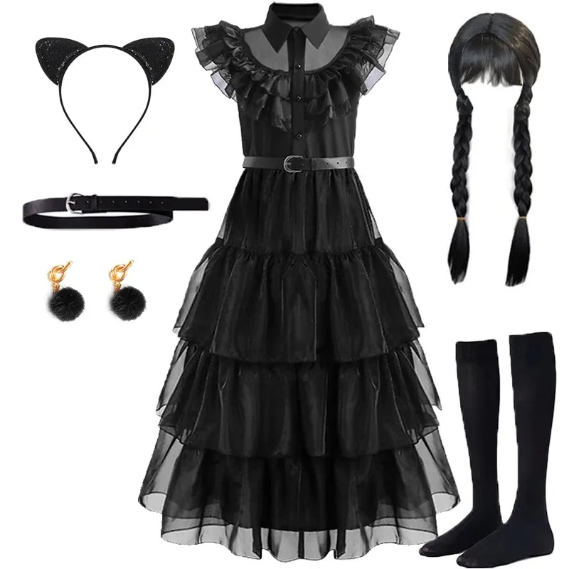 

Releams girls princess costume cosplay dress with kids wig cat ears headband and socks Carnival birthday Halloween 4-14 yrs