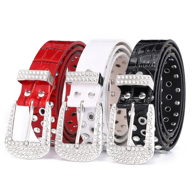 

Women Pu Belts Inlaid with rhinestones 3.3cm wideth 110cm Length Black Belts Punk Style Y2K Fashion ACCESSORIES