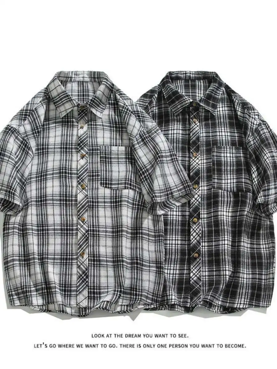 

Мужская рубашка в стиле ретро с клетчатым узором, воротником-стойкой, свободного кроя, повседневная, летняя, в корейском стиле, новинка