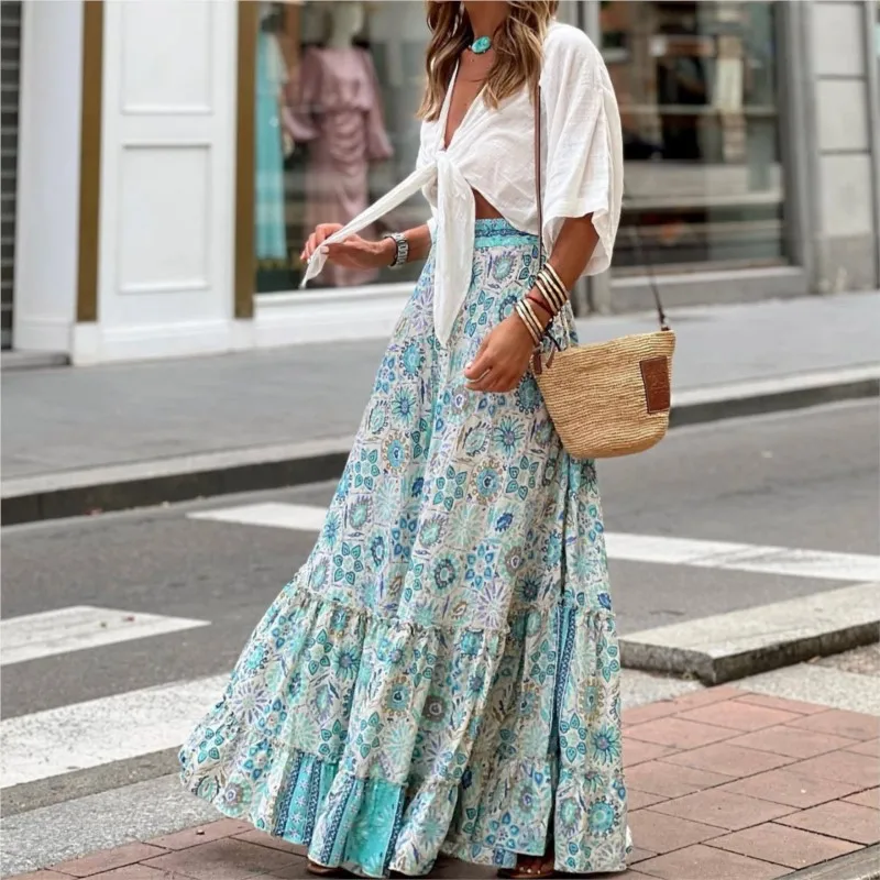 Printed Ruffles A-line Skirt Women Fashion Casual Bohemian Vacation Commuting Style Loose Long Skirts Trendy Female Clothing