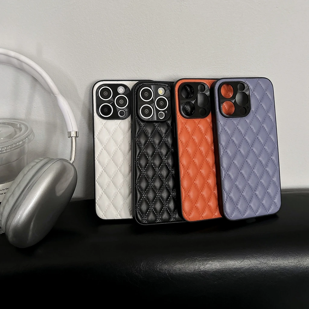 Custodia protettiva antiurto in pelle con motivo a griglia diamantata piccola tinta unita per iPhone 16 15 14 13 12 11 Pro Max Plus