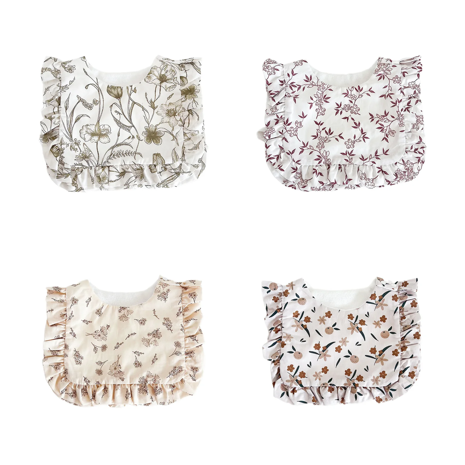 

Детский комплект из блузки и нагрудника в стиле ретро (с узорами: нарциссы + красные листья + золотые тычинки + оранжевые цветы)