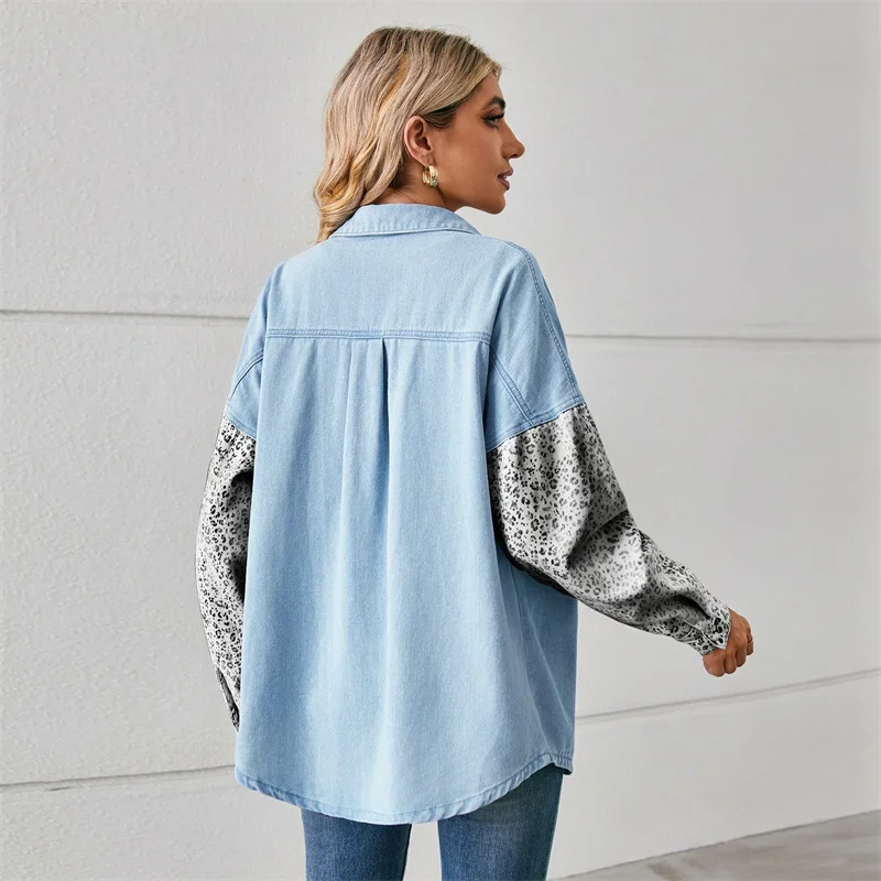 Leopard Print Pocket Patchwork Long Sleeve Denim Shirt Women Colour Blocking Casual Blouse Female Single-breasted Cardigan Tops