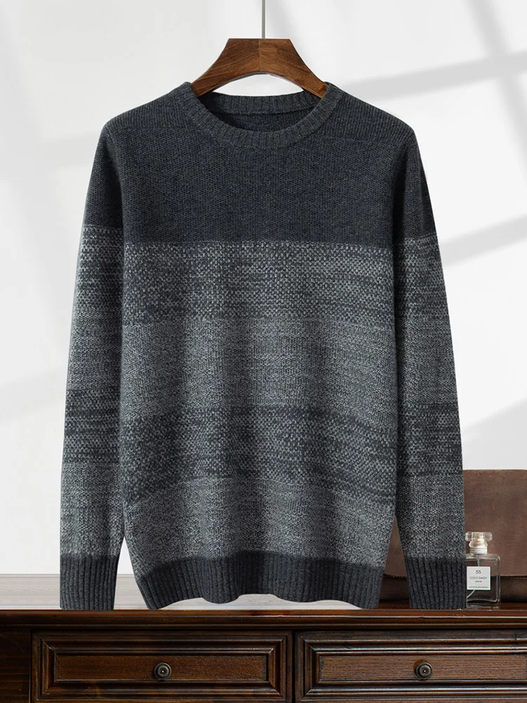 

Men's Autumn Winter Goat Cashmere Sweater Round Collar Striped Thick Pullover 100% Cashmere Knitwear Soft Warm Clothing Tops