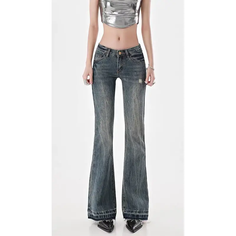 

Американские джинсы High Street Spicy Girls с низкой талией, женские осенние винтажные брюки Y2k Design Sense, облегающие прямые брюки-клеш с микро-клеш