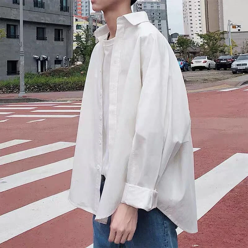 

Summer Loose Long Sleeve Men Casual Shirt White Black Fashion Student Harajuku Oversize Couple Coat Unisex Office Work Interview