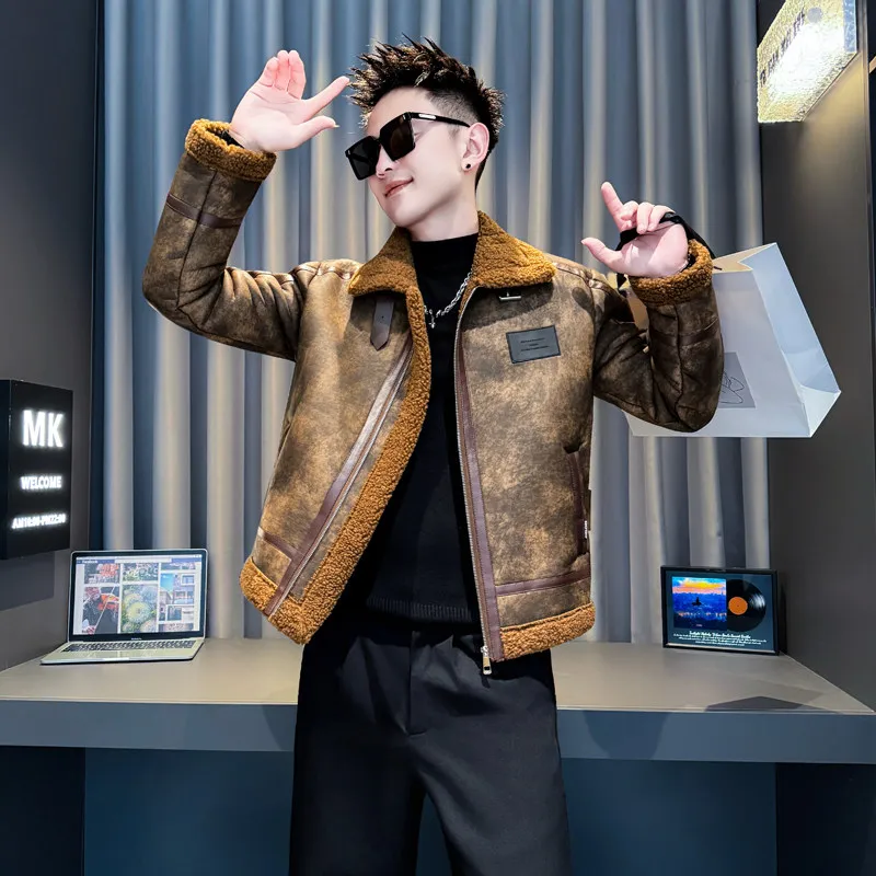 

Men's Slim Fit Fce Lined Leather And Fur Jaet New Collar Cotton Coat Youth Faion Winter Outerwear Stand Sve Length