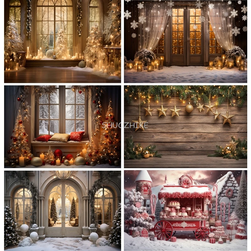 

Christmas Tree With Gift Boxes Photography Backdrops Winter Snow Decorations Wooden Door Fireplace Room Background Props WR-12