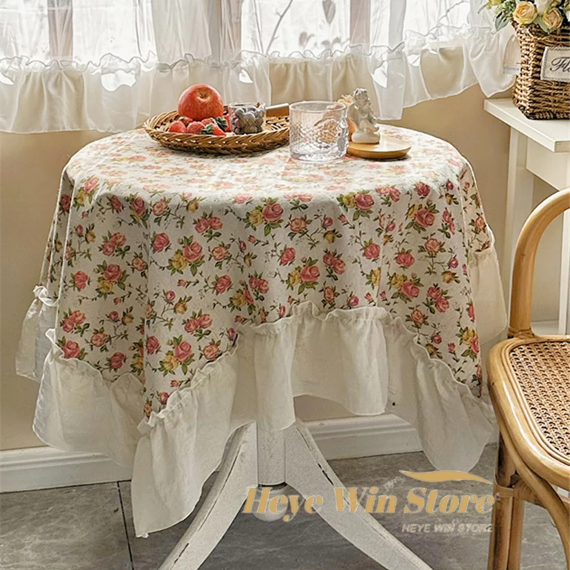 

Retro Rose Tablecloth Pastoral Cotton Linen Diningtable Tablecloth Balcony Garden Table Decorative Cloth Picnic Cloth for Outing