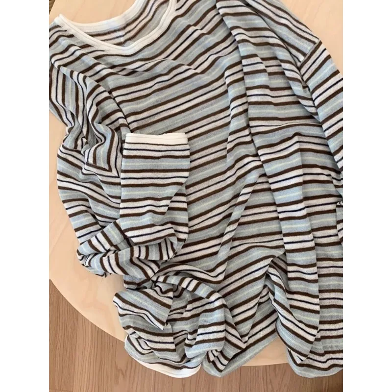 Retro Green Coffee Striped Long Sleeve T-Shirt Women's Loose Round Neck Pullover Fashion Contrast Color Top