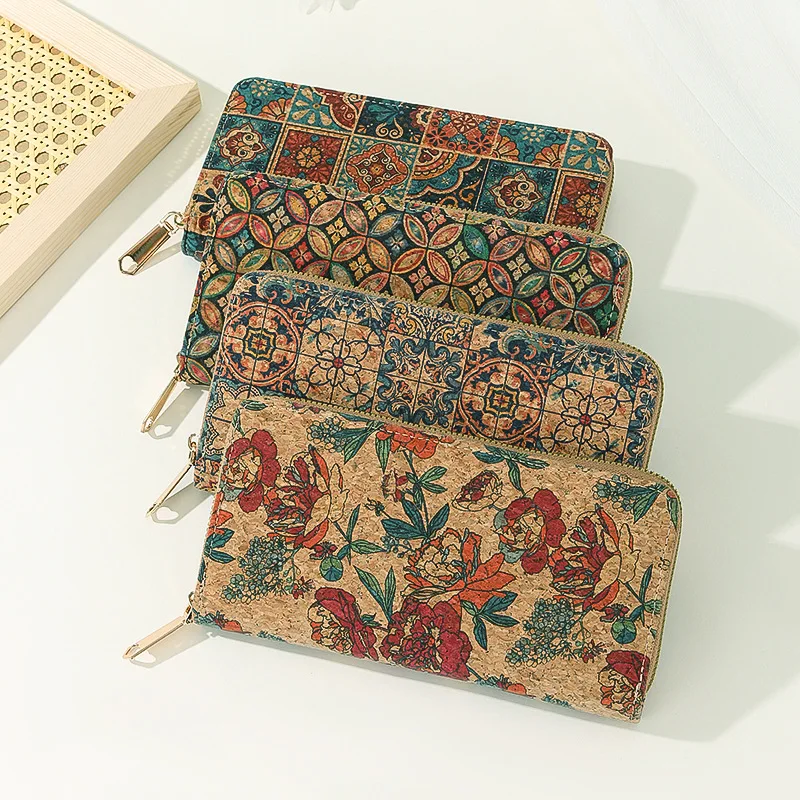 

8pcs Wallet For Women Cork Leather Rose Grid Printing Multifunctional Phone Long Card Holder