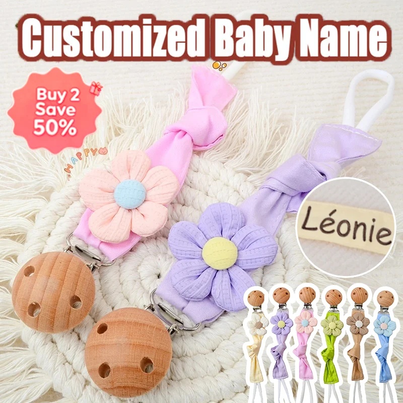Personalized Embroidered Name Flower Pacifier Clip Wooden Bead Dummy Holder Baby Soother Chain Newborn Shower Gift