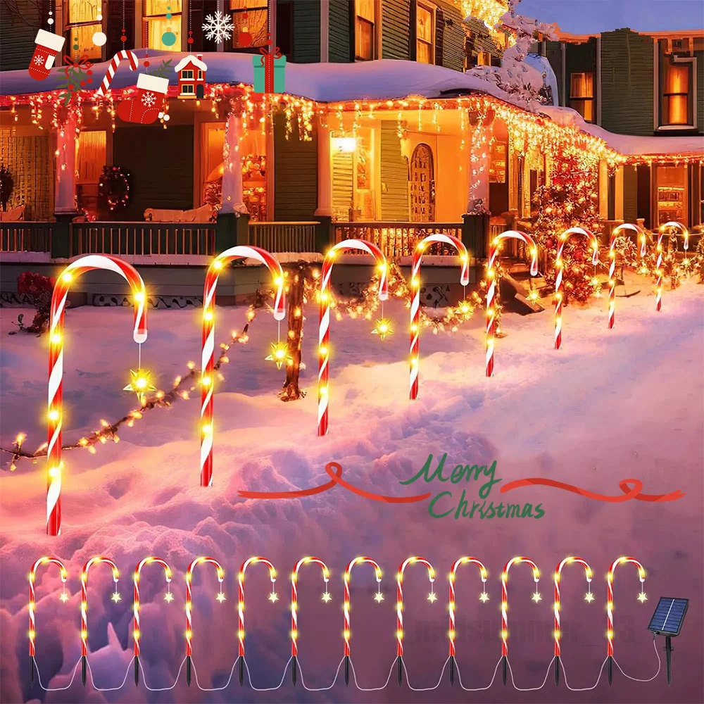 12pcs/set Solar Powered Garden Cane Lights, 8-function Waterproof Decorative Lights, Christmas Decoration Candy Cane Garden Lights