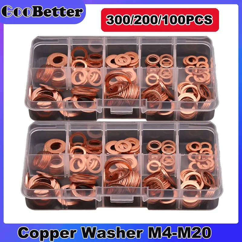 

300/200/100Pcs Copper Washers Set Flat O Ring Sealing Washer M5 M6 M8 M10 M12 M14 M16 M20 Seal Gasket Kit For Sump Plugs Screw