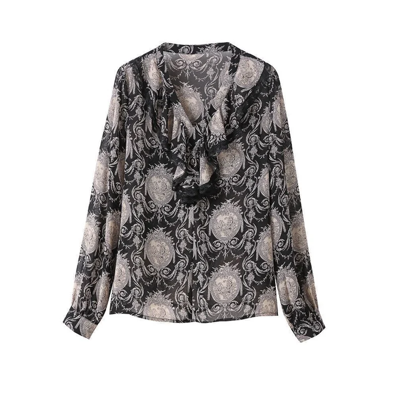 Elegant Vintage Print Chic Ruffle Lace V-Neck Loose Blouses Tops for Women Fashion Commute Loose Long Sleeve Shirts Clothes 2023