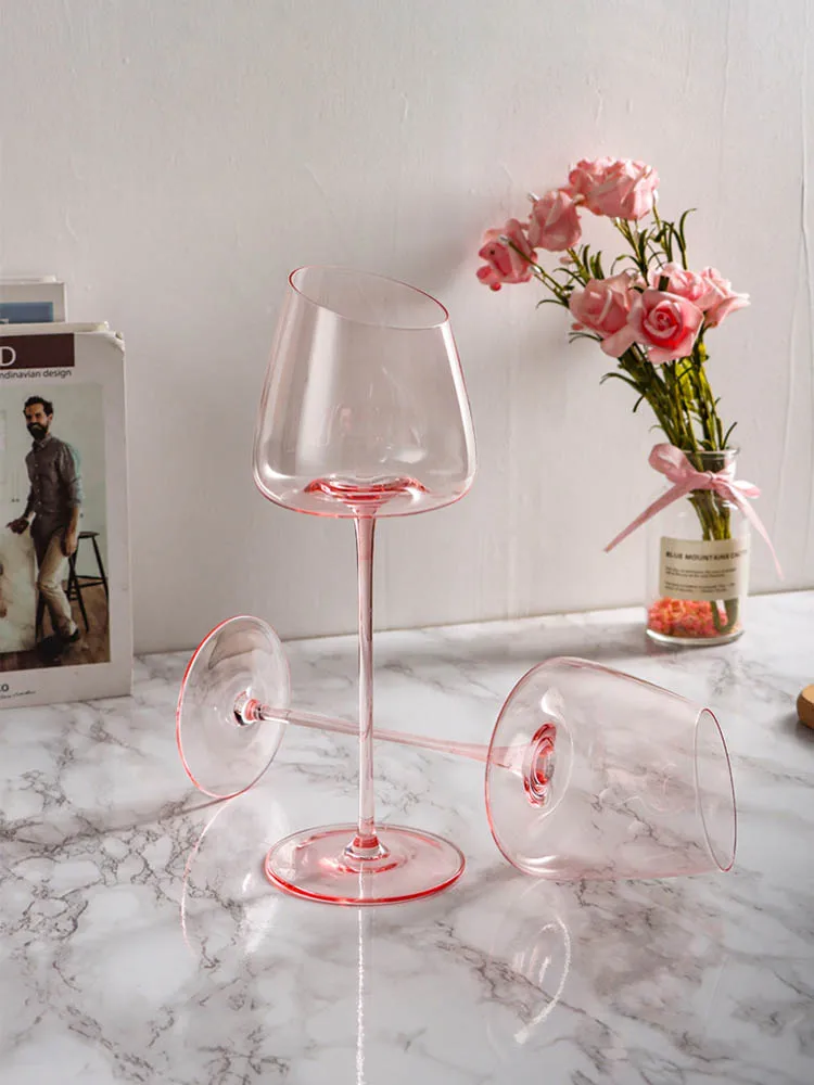 Nordic Light Luxury Crystal Flamingo Pink Goblet Inclined Mouth Wine Glasses Cocktail Glass for Kitchen Hotel Drinks