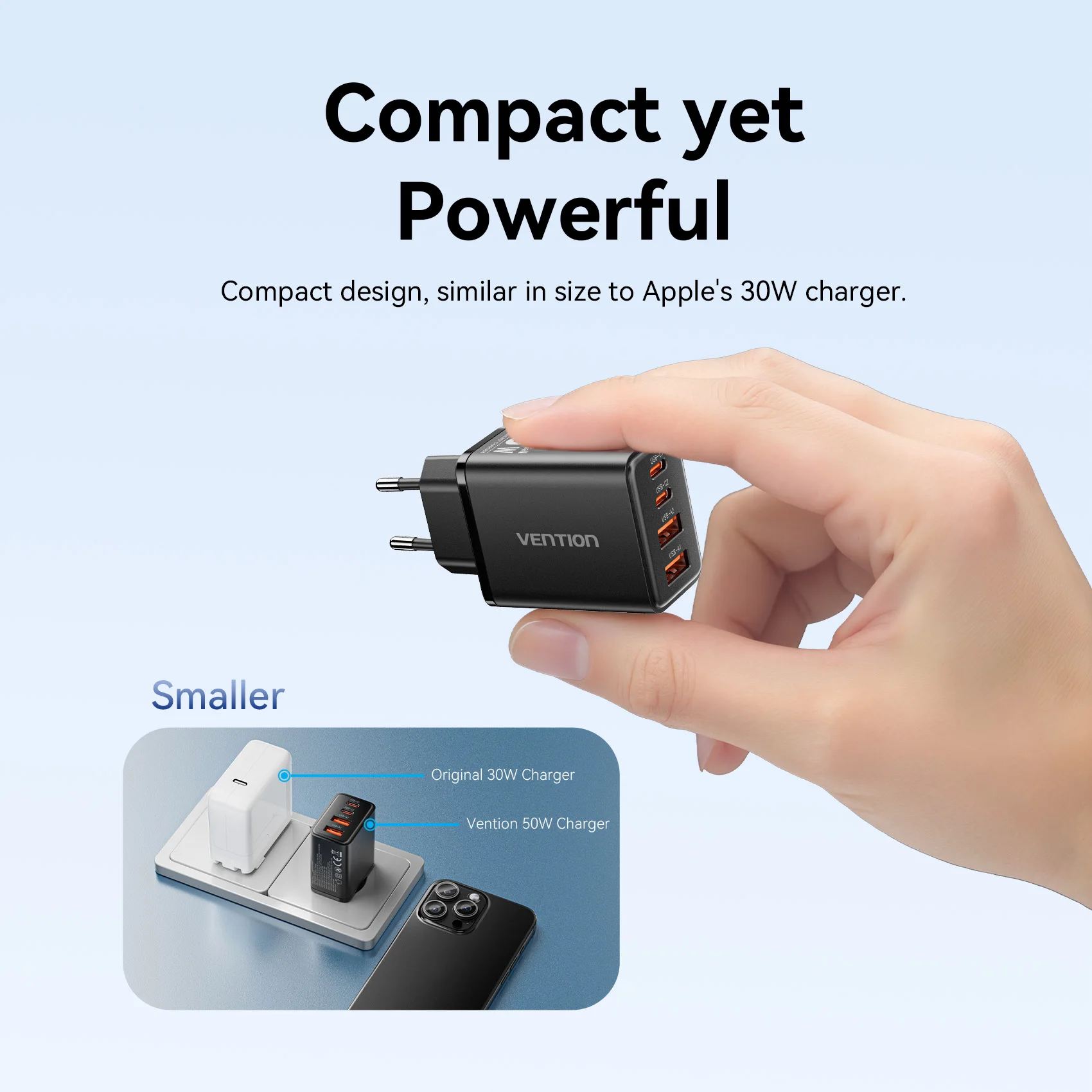 Ładowarka Vention 30W GaN PD QC 3.0 USB C do iPhone 17 16 15 Pro Xiaomi Tablet iPad Air, dwuportowa ładowarka do telefonu 50W MAX — zdjęcie produktu 4